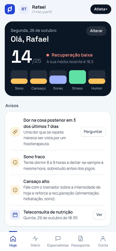 Ecrã Hoje da app do atleta, com o wellness do dia e os avisos